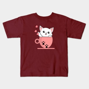 White Cat on Teacup Kids T-Shirt